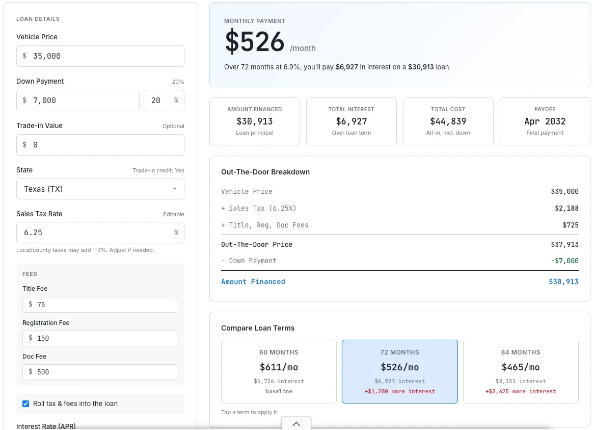 SudoTool auto loan calculator showing a 30K loan with sales tax, trade-in credit, 60 vs 72 vs 84 month comparison, and full amortization schedule