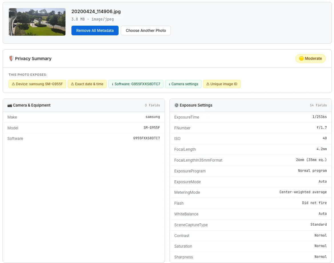 SudoTool EXIF Metadata Viewer showing GPS coordinates, camera model, exposure settings, and other metadata fields extracted from a sample photo