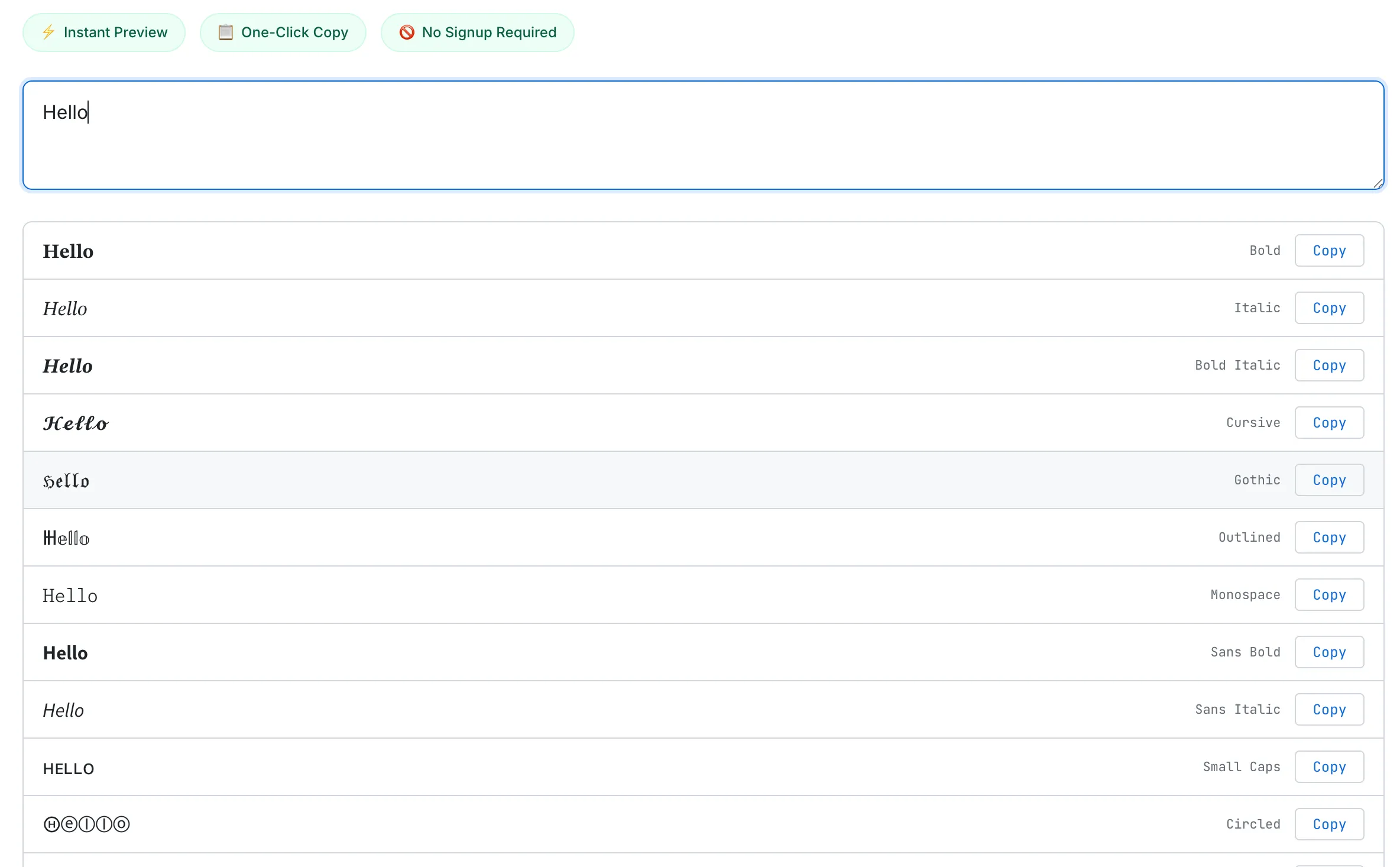 SudoTool Fancy Text Generator showing 'Hello' typed in the input field with 12 Unicode styles visible in a compact list layout, each with a Copy button