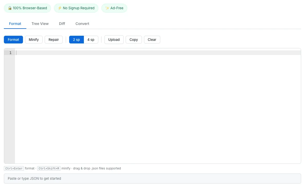 SudoTool JSON Formatter showing formatted JSON with syntax highlighting, Format and Minify buttons, tab size toggle, and a green status bar confirming valid JSON