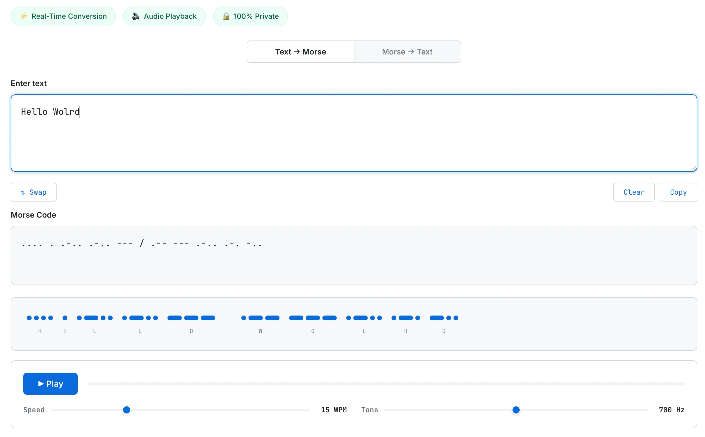 SudoTool Morse Code Translator showing 'Hello World' typed in the input field with the visual dot-dash display below, where each letter's pattern is grouped with H, E, L, L, O, W, O, R, L, D labels underneath