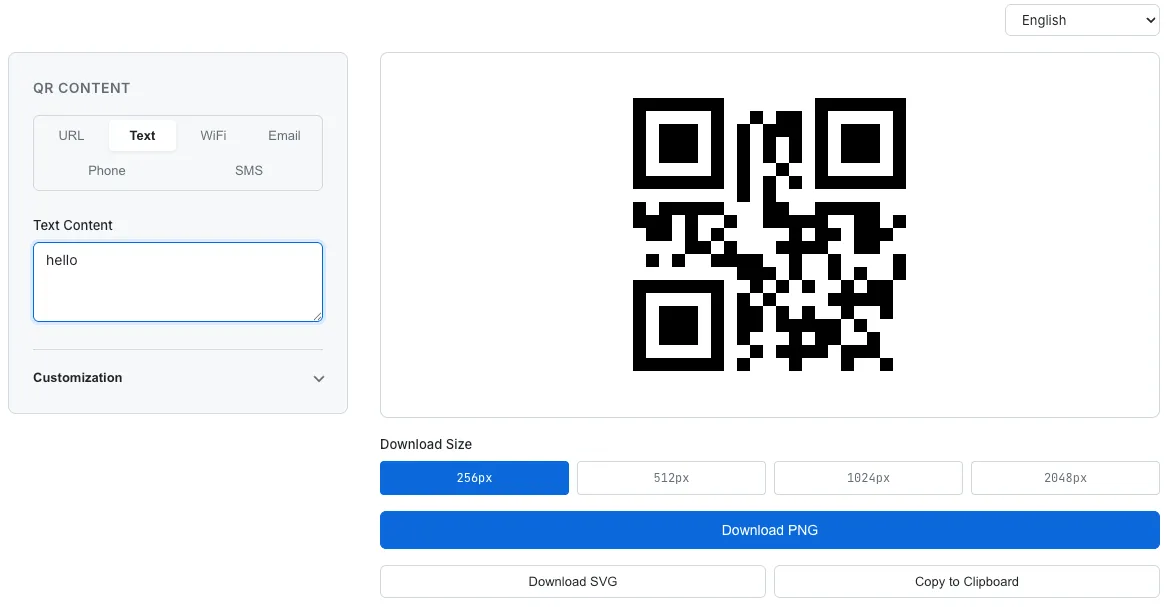 QR Code Generator showing the text input mode with six type tabs (URL, Text, WiFi, Email, Phone, SMS), a customization panel, a live QR code preview, download size options from 256px to 2048px, and buttons for PNG download, SVG download, and clipboard copy
