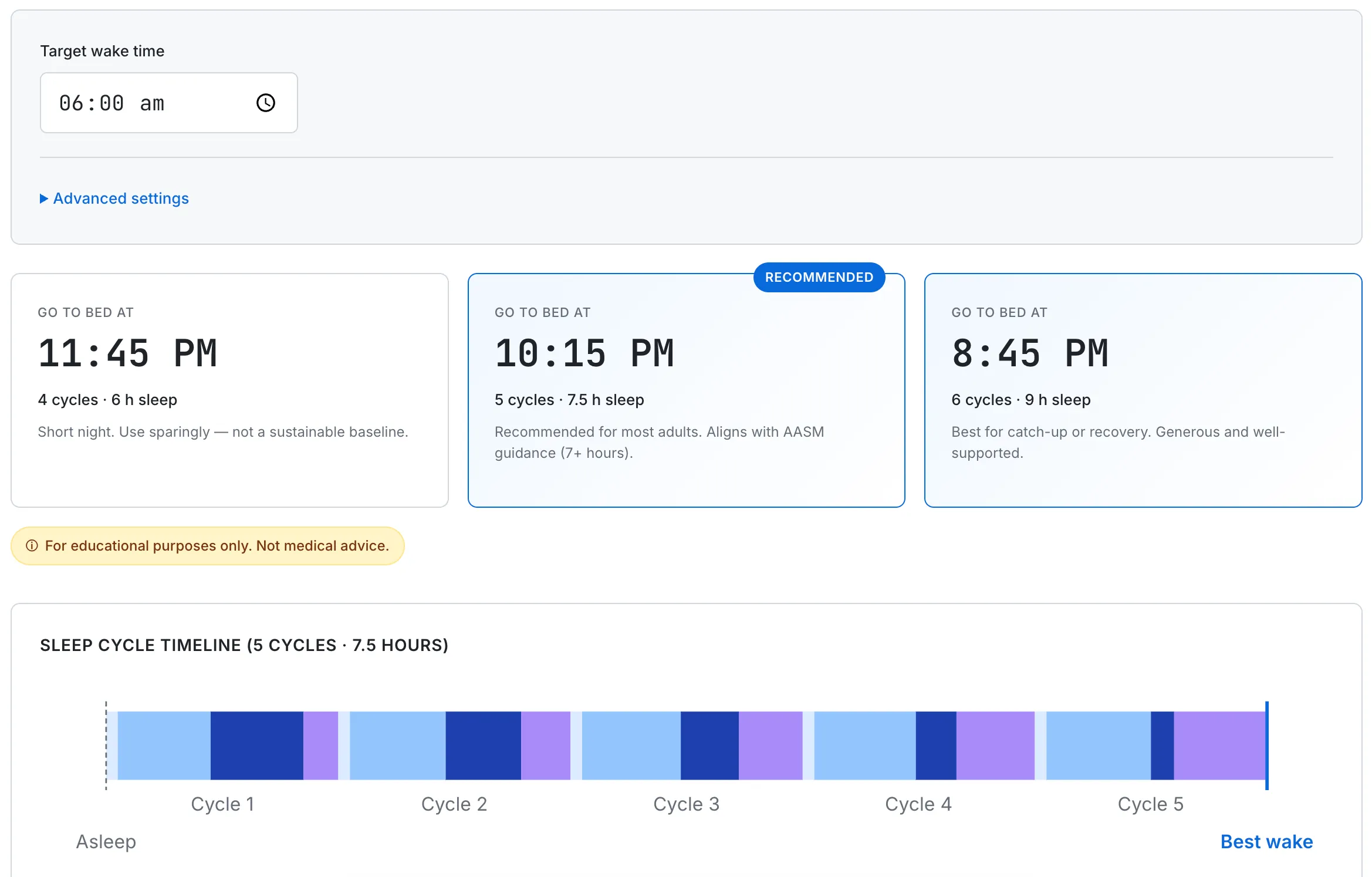 Sleep Cycle Calculator showing bedtime options for a 6 AM wake target — 5 cycles at 10:15 PM is highlighted as recommended, with a sleep cycle timeline below showing N1, N2, deep sleep, and REM bands across five cycles