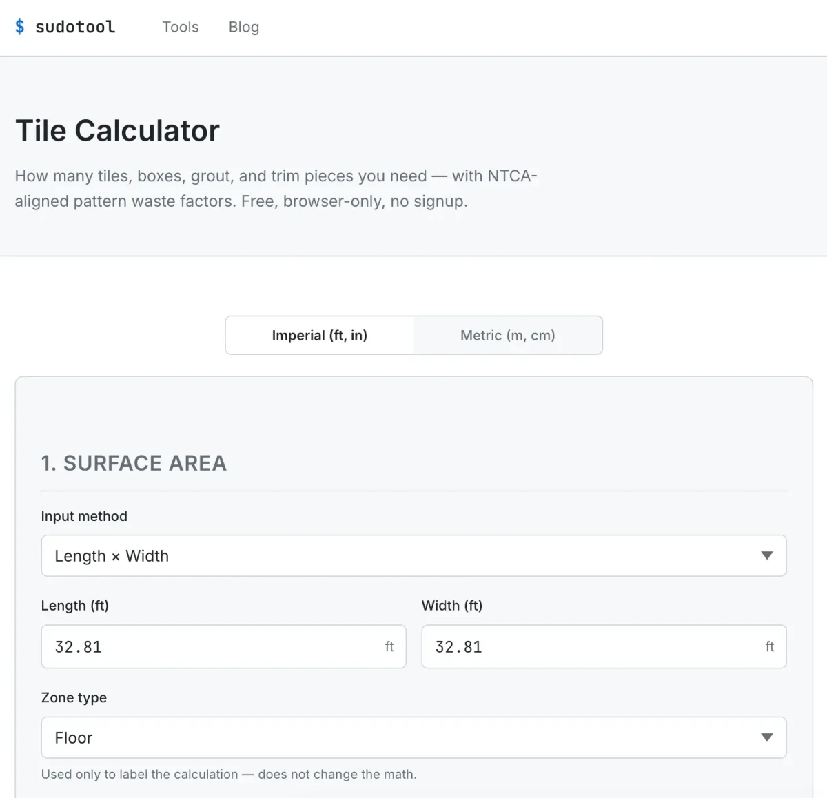 SudoTool tile calculator showing the surface area and tile size inputs used to calculate tile for a room