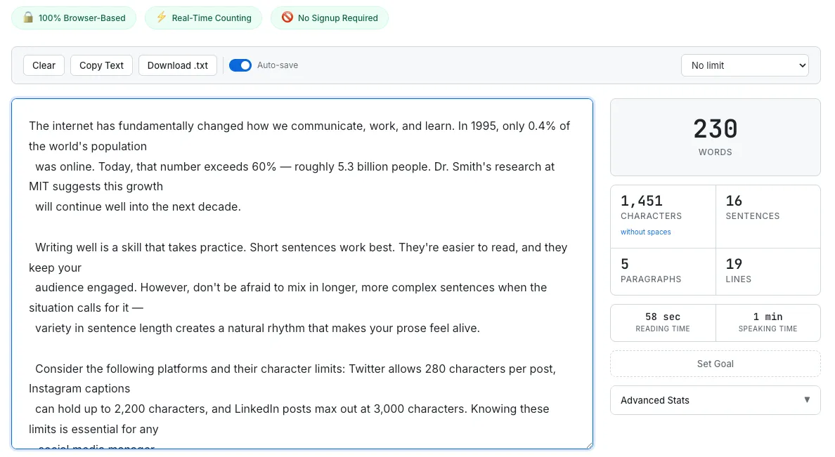 SudoTool Word Counter showing real-time word count, character count, sentences, paragraphs, reading time, and speaking time in a side-by-side layout